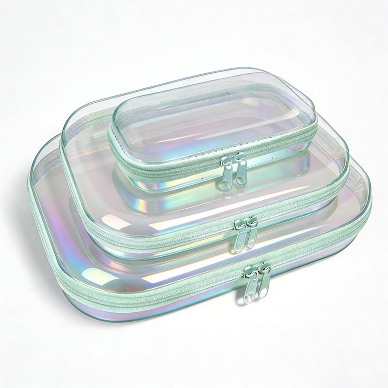 honitty Clear Hard Shell Zipper Case,3PCS Transparent Clear Laser Zipper Pouches,Hard Side Plastic Case Set,Portable Travel Storage Organizer Bins - Image 1
